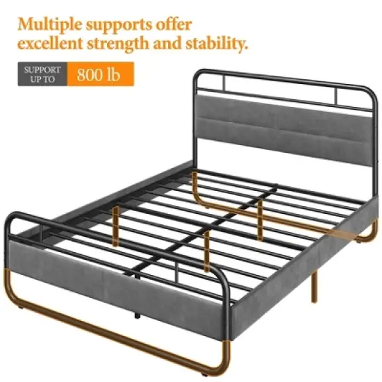 Yaheetech Metal Platform Bed Frame with Velvet Upholstered Headboard image {6}
