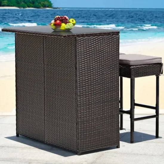 Costway Patio 3PCS Rattan Bar Table Stool Set Cushioned Chairs with  Cover image {8}