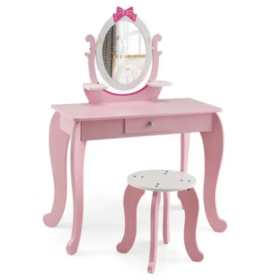 Costway Kid Vanity Table Stool Set with Adjustable Mirror Storage Drawer Makeup Pink image {4}