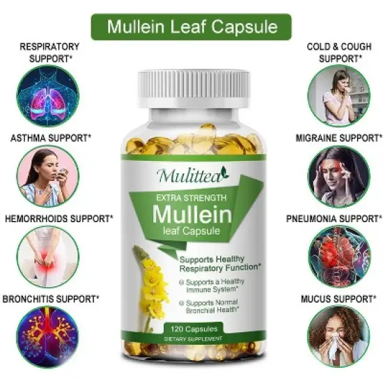 Mulittea Mullein Leaf Capsules Herbal Supplement Supports Respiratory Function Health,120 Count image {3}