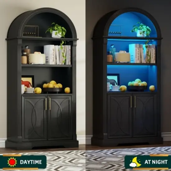 Fredees 71" Tall Arched Cabinet, Kitchen Pantry & China Cabinet, Arched Bookshelf with Open & Adjustable Shelves, Induction 3-Color Lights image {3}