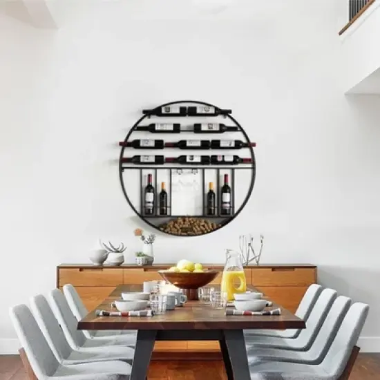 Vintiquewise Vintage Decorative Modern Black Metal Round Wall Mounted Wine Display Rack image {4}
