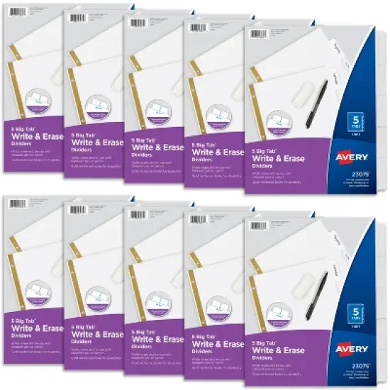 Avery Write & Erase Big Tab Paper Dividers for 3 Ring Binder, White, 5 Tab Set, 10 Packs, 10 Sets Total (23075) image {8}