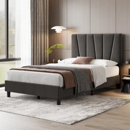 WhizMax Bed Frame with Adjustable Headboard, Linen Upholstered Platform Bedframe with Strong Wooden Slats, No Box Spring Needed, Easy Assembly, Grey image {1}