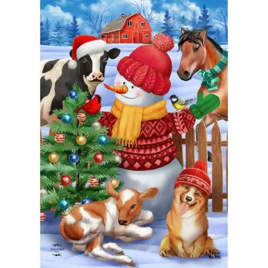 Barnyard Snowman Christmas House Flag Dog Horse Cow Calf 28" x 40" Briarwood Lane image {2}