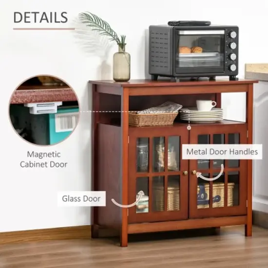 HOMCOM Kitchen Sideboard, Storage Buffet Cabinet with Open Shelf, Glass Door Cabinet and Adjustable Shelf for Living Room, Cherry image {4}
