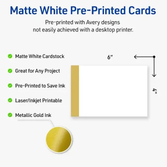 Avery Printable Rectangle Postcards, Gold-Dipped Edge, 4" x 6", Matte White Rectangle Postcards, Laser/Inkjet, 20ct, Great for Postcards image {1}