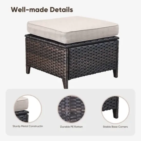 Buenhomino Patio Wicker Ottomans Set of 2, Multipurpose Outdoor Ottomans for Patio, Additional Seating, Footrest, Side Table, Removable Cushions image {5}
