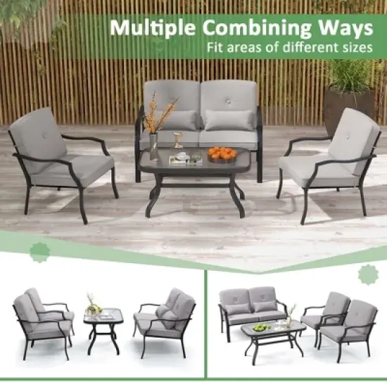 Costway 4 PCS Patio Furniture Set Outdoor Conversation Sofa Tempered Glass Coffee Table image {7}