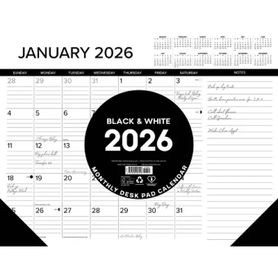 Willow Creek Press 22"x17" 2026 Black and White with Lines Large Monthly Deskpad image {2}