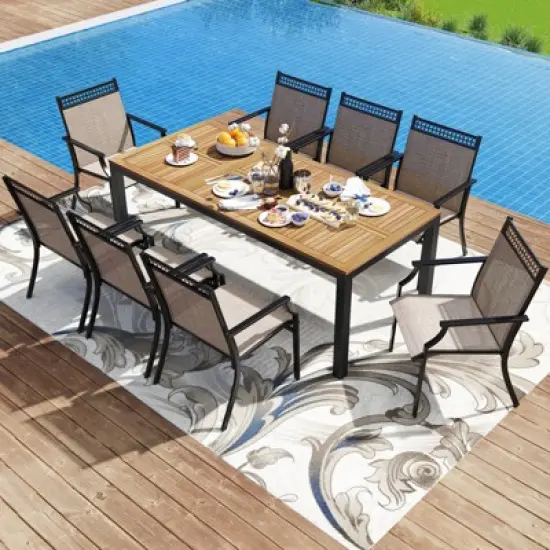 Tangkula 9-Piece Outdoor Patio Furniture w/ Large Wooden Tabletop & Umbrella Hole image {1}