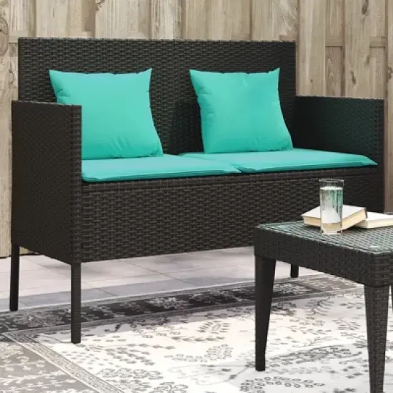 vidaXL Outdoor Loveseat Bench - Black PE Rattan, Padded Blue Cushions, Storage Under-Seat, Weather-Resistant, Garden/Patio Furniture, 44.5"x24"x34.3" image {1}