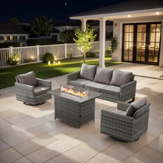 4 Pieces Patio Furniture Set with Fire Pit Table, Outdoor Furniture Set with Rocking Swivel Chairs, Wicker Patio Set with 4'' Thickened Cushion image {19}