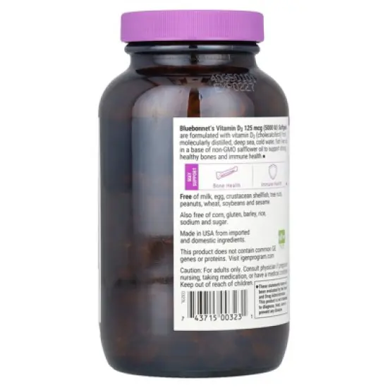 Bluebonnet Nutrition Vitamin D3, 125 mcg (5,000 IU), 250 Softgels image {2}