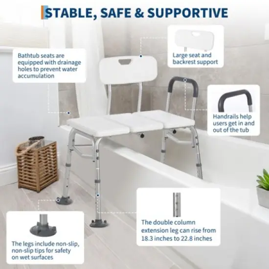 Tub Transfer Bench with Backrest and Padded Armrests, Height Adjustable, 300lb Shower Chair with Suction Cups for Elderly, Disabled, Injury Recovery image {3}
