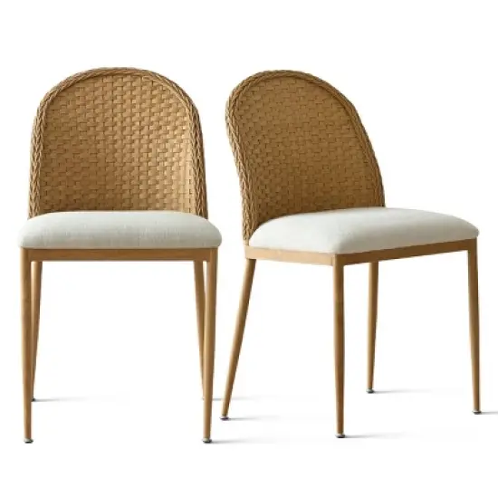 Rattan Dining Room Chair, Linen Dining Chair with Double Layer Rattan Back, Cane Dining Chair with Metal Legs - Maison Boucle image {2}