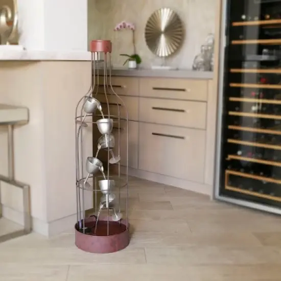 44" Iron Indoor/Outdoor Bottle Shaped Water Fountain with Tiering Wine Glasses Brown - Alpine Corporation image {1}