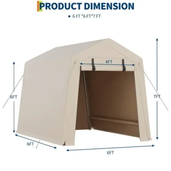 6x8 FT Portable Outdoor Storage Shed with 2 Roll-Up Zipper Doors & Vents,Waterproof PE Tarp,UV-Resistant Carport for Motorcycle,Firewood,Tools-Khaki image {5}