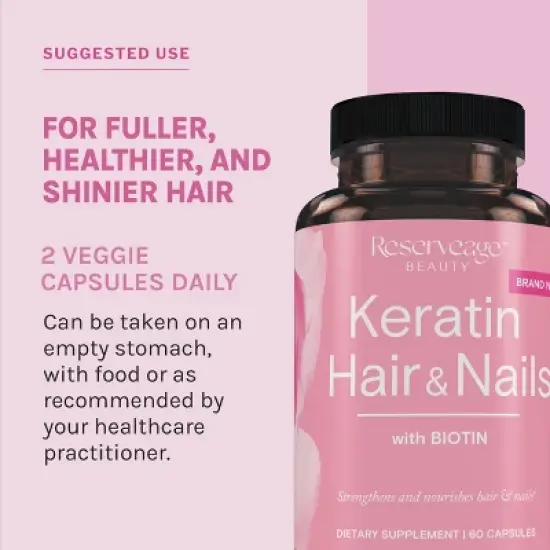 Reserveage Beauty Keratin Hair Booster with Biotin, Supports Healthy Thickness and Shine with Biotin, 60 Capsules (30 Servings) image {4}