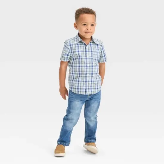 OshKosh B'gosh Toddler Boys' Short Sleeve Plaid Woven Button-Down Shirt - Light Blue image {2}