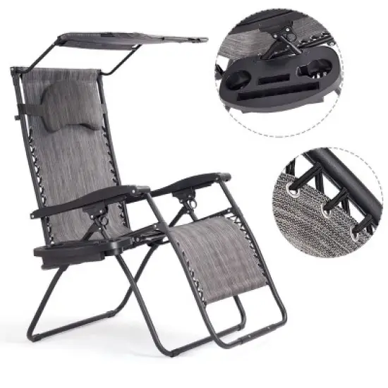 Costway Folding Recliner Zero Gravity Lounge Chair W/ Shade Canopy Cup Holder Gray image {7}
