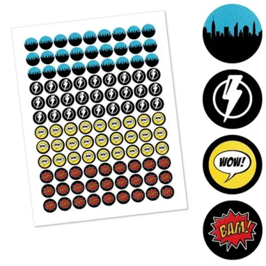 Big Dot of Happiness Bam Superhero - Baby Shower or Birthday Party Round Candy Sticker Favors - Labels Fits Chocolate Candy (1 Sheet of 108) image {1}