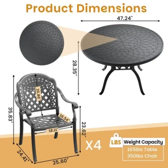 5-Piece Cast Aluminum Outdoor Dining Set: Round Table, Stackable Chairs & Red Cushions - All-Weather Patio Furniture for Your Backyard image {3}