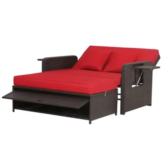 Tangkula Rattan Loveseat Set Daybed Lounge Storage Ottoman Side Tables Adjust Red Patio image {4}