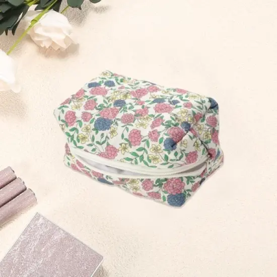 Unique Bargains Quilted Square Flowers Makeup Bag Multicolored 1 Pc image {2}