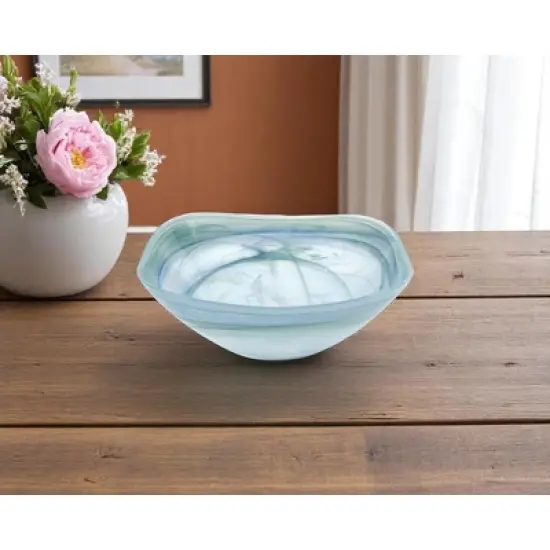 HomeRoots 10" Aqua Blue And White Alabaster Glass Square Salad Bowl image {1}