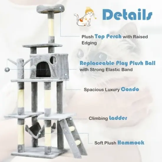 Costway 66'' Cat Tree Condo Kitten Multi-Level Activity Center Plush Perches w/ Hammock image {9}