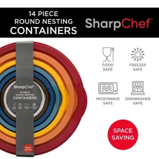SharpChef 14pc Round Plastic Food Storage Container Set, Stackable, Nesting, Airtight Leak-proof Lids, Microwavable, 7 Colors image {2}