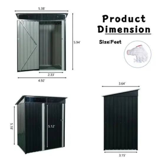 5 x 3ft Outdoor Metal Storage Shed With Lockable Door Aluminum Frames, Outdoor Storing Tools For Bike Trash Can Machine image {8}