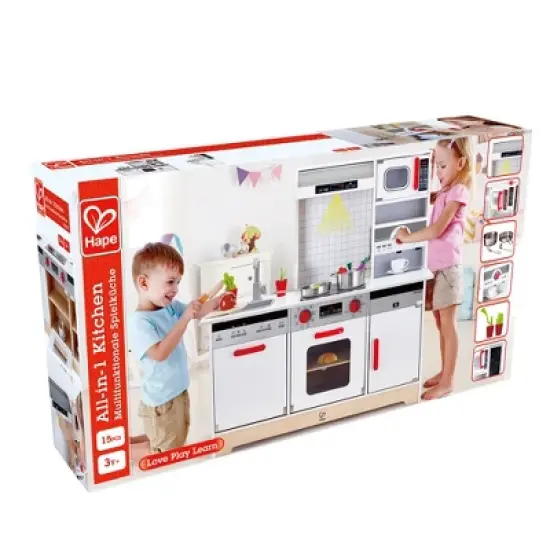 Hape E3145 All In 1 Kids Toddler Wooden Pretend Play Kitchen Set with Oven, Stove, Sink, Microwave, Coffee Maker, Dish Washer, Fridge and Accessories image {3}