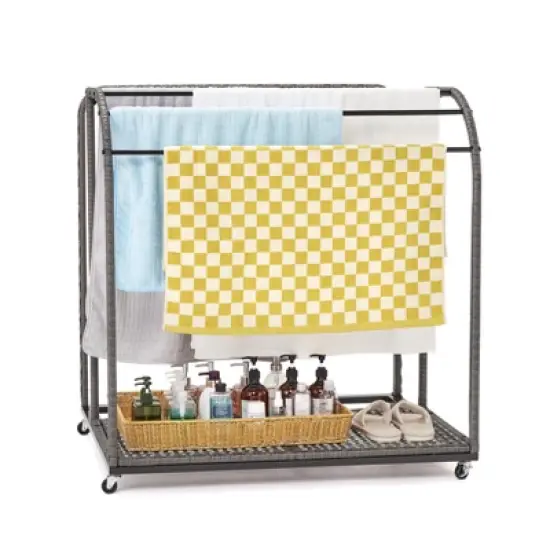 ODK Towel Rack, 5 Bar Pool Towel Rack with Rattan Base, Outdoor Towel Rack, Storage Organizer with Compartment for Outdoor/Indoor image {9}