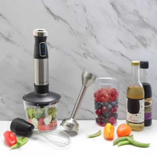 MegaChef 4-in-1 Multipurpose Immersion Hand Blender - Silver: Portable Handheld, 300W, 2 Speeds, Includes Chopper & Whisk image {2}