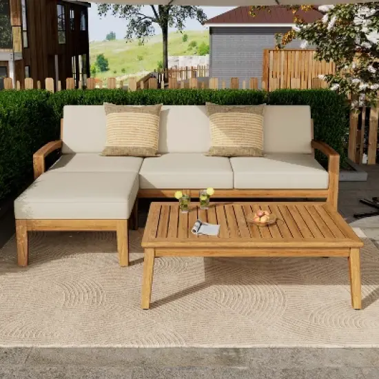 GDFStudio Parma Acacia Wood 3 Seater Sectional Sofa Set with Ottoman image {13}