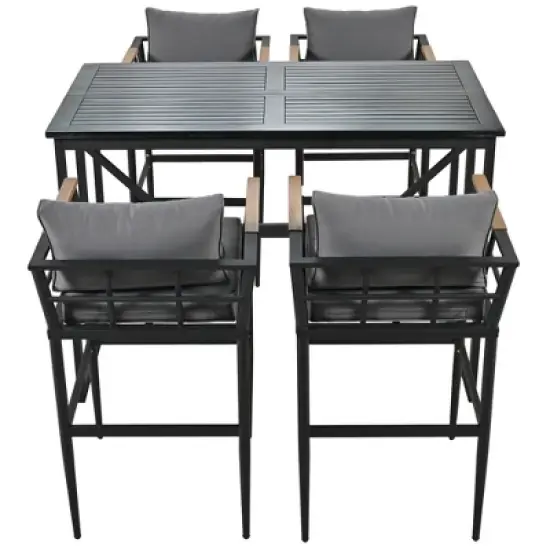 Steel Outdoor Dinner Set with Acacia Wood Handrails for Patio, Balcony or Backyard,Black - ModernLuxe image {6}