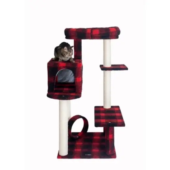 Armarkat B5008 50-Inch Classic Real Wood Cat Tree With Veranda, Bench, Mini perch, and Spacious Lounger In Scotch Plaid image {2}