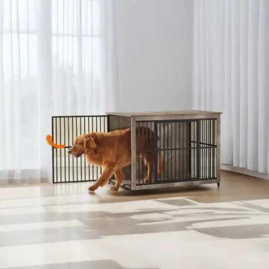 Heather Greige Dog Crate Furniture.as a 43.3" side end table.for dogs up to 80 lb, with a heavy-duty cage, enclosed base and double - door design. image {5}