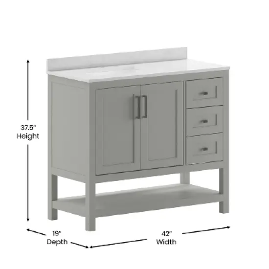 Merrick Lane Bathroom Vanity with Ceramic Sink, Carrara Marble Finish Countertop, Storage Cabinet with Soft Close Doors, Open Shelf and 3 Drawers image {7}