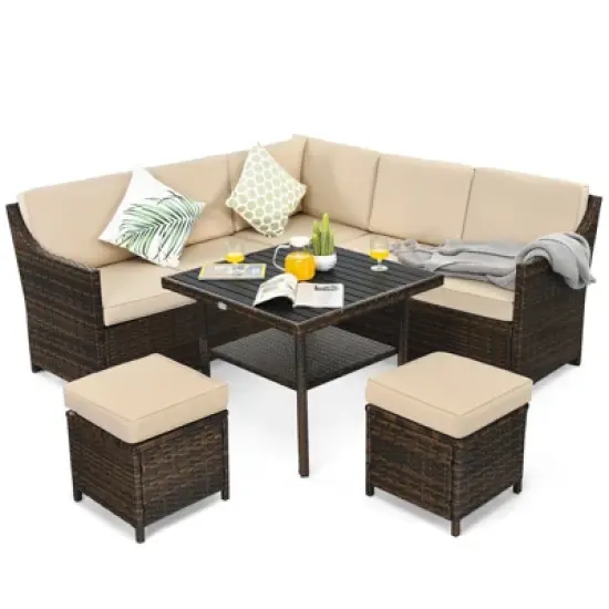 Tangkula 6PCS Patio Rattan Furniture Set All-Weather Sectional Cushioned Sofa Ottoman Dining Table Lower Shelf image {2}
