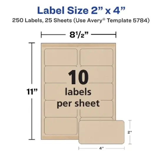 Avery Kraft Brown Rectangle Labels with Sure Feed Technology, 2" x 4", Laser/Inkjet Printable Labels, 250 Total (5784) image {3}