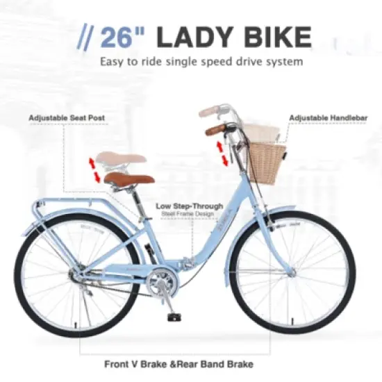 INFURNIC Bicycles 26" Single Speed Folding Bike Beach Cruiser Bike Step Through City for Easy Storage and Commuting, Blue, 69.93"*25.2"*40.95" image {1}