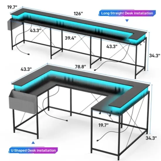 U Shaped Computer Gaming Desk with Monitor Stand and LED Lights image {7}