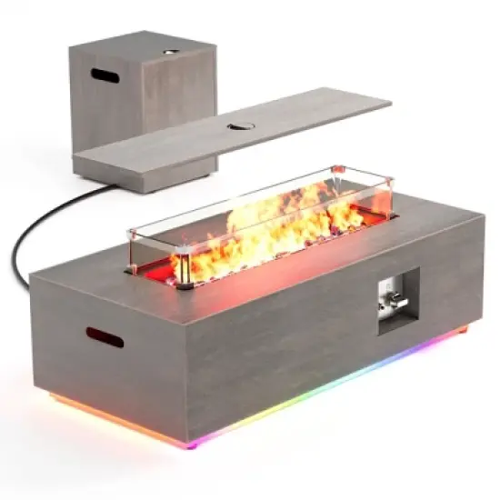 Evita 50,000 BTU Outdoor Fire Pit Table with LED Light, Propane Tank, Windshield, Glass Stone and Rain Cover-42*20*12 Inch, Brown image {8}