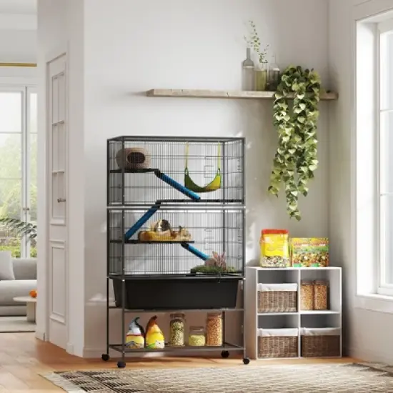 PawHut 59" 5-Level Small Animal Cage, Rolling Ferret Chinchilla Cage with Slide Out 6.3" Deep Tray, Non-Slip Cloth Covered Ramps, Hammock, Dark Gray image {1}