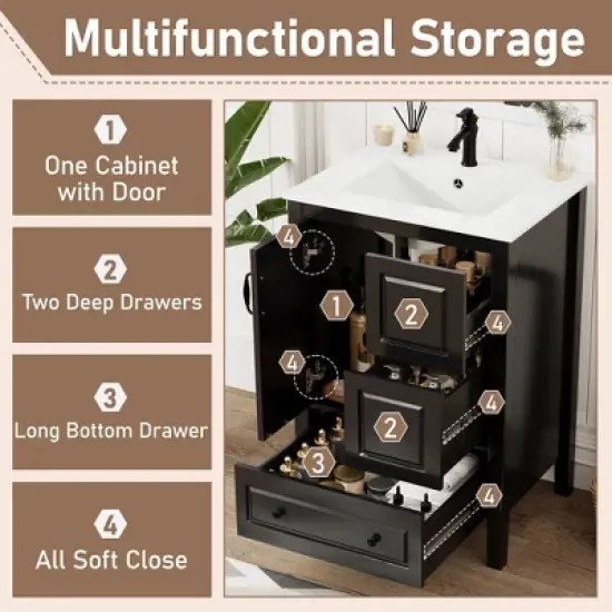 Christopher Knight Home Feldspar Vintage 24" Freestanding Bathroom Vanity with Ceramic Sink image {6}