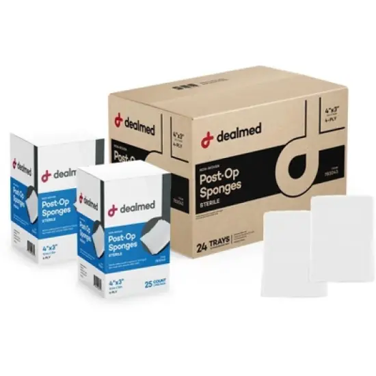 Dealmed 4" x 3" Sterile Post-Op Gauze Sponges, 4-Ply Individually Wrapped Packages of Two for Wound Care, White, 25 Count image {4}