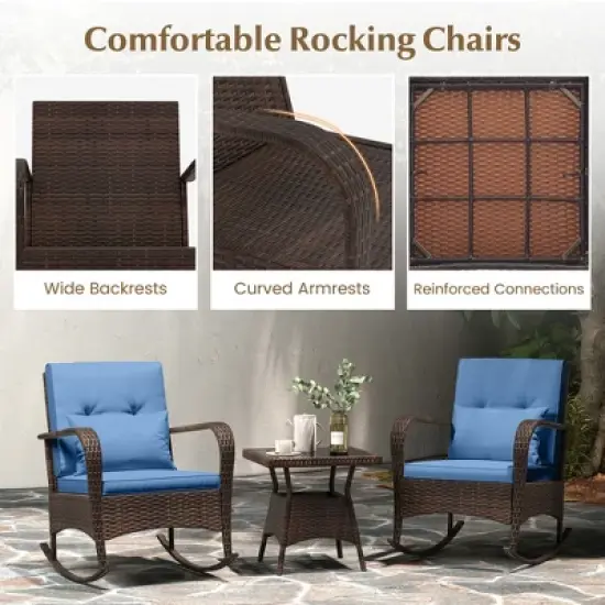 Tangkula 3 Piece Outdoor Rocking Set Rattan Rocker Chairs w/ Tempered Glass Coffee Table image {6}